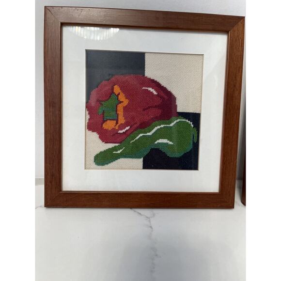 Needlepoint Art of Vegetables Framed Matted - 2 pieces eas. 9x9" - Picture 2 of 4